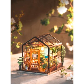 ROBOTIME DIY Dollhouse Wooden Miniature Furniture Kit Mini Green House with LED Best Birthday Gifts for Boys & Girls