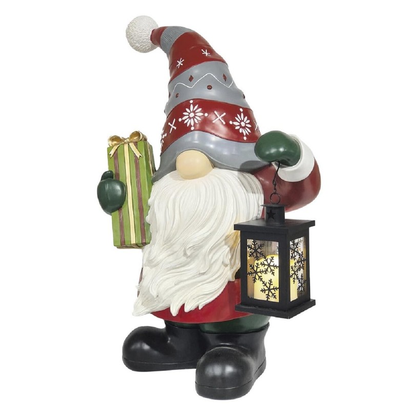 27-inch Holiday Gnome Greeter with LED Lit Lantern with Timer