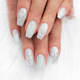 Silver Coffin Press on Nails Medium Fake Nails with Sequins Designs Sliver Gradient Bling False Nails Sparkly Artificial Nails Full Cover Stick on Nails for Women Acrylic Manicure 24 Pcs