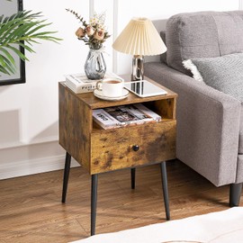 VECELO Nightstands Set of 2,Industrial 2-Tier Night Stand with Drawer, Wood Mid Century Bedside End Tables,Side Tables for Small Places Bedroom and Living Room,Antique Brown(2 Pack)