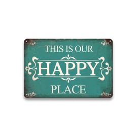 LIZATIC Metal Porch Signs Outdoor - This is Our Happy Place Sign, Vintage Welcome Sign for Front Door, Deck, Backyard, Outside Yard, Farmhouse, Garden, Pool, Patio, Porch Decor Wall Art, 12 x 8 inch