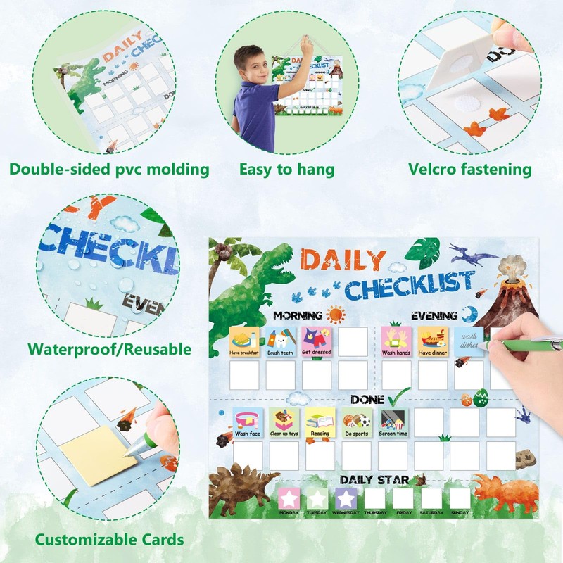 WERNNSAI Dinosaur Routine Chart for Kids - Daily Visual Schedule