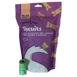 Crunchy Dog Treats. Biscuits Assorted Flavors Beef, Chicken, Turkey, Bacon & Sausage. One Fifteen Ounce Bag Plus Biggs Dog Waste Bag.
