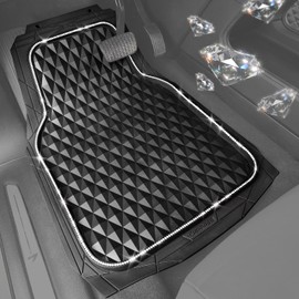 CAR PASS Bling Diamond Rubber Car Mats, Heavy Duty Deep Dish All-Weather Floor Mat Full Set Anti-Slip 3D Rhombus Waterproof Trim Fit Liner Universal Glitter Sparkly Shining Rhinestone, Silver Diamond