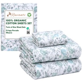 RUVANTI 100% Organic Cotton Sheets Twin XL, Percale Weave, GOTS Certified, 3-Piece Set, Deep Pocket 15", Crisp & Breathable, Soft Durable Bedding, Sábanas Algodón Orgánico – Cold Chrysanthemum