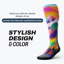 Outway Nature Trip Compression Knee High Socks for Women, Moisture-Wicking Athletic Long Knee High Socks for Women & Men with Arch Support, Colorful Design, Size M/L