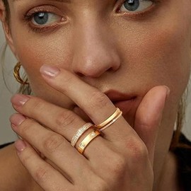 Gold Plated Rings for Women Non Tarnish Stackable Rings Trendy Dainty Thumb Rings Bague Femme Or Love Dual Band Rings Promise Wedding Engagement Rings