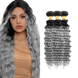Labamiya Human Hair Bundles 16 18 20 Inch Omber Grey Deep Wave Bundles Human Hair 12A Unprocessed Soft Sewn In Wave Hair for Black Women with Double Weft