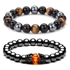 Hematite Magnetic Bead Bracelet for Men Black Obsidian Bracelet Triple Protection Bracelet Tiger Eye Lava Rock Beads Bracelet