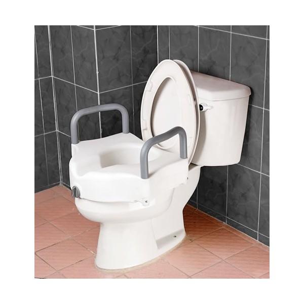 Raised Toilet Seat - Blow molded locking raised toilet seat with arms has front clamping mechanism ensures secure easy locking onto toilet. Arm height 6". Arm width 20". Weight capacity of 300lbs.