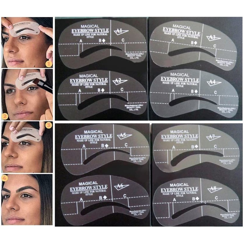 8 different eyebrow stencils for eyebrow shapes and eyebrows thickening,