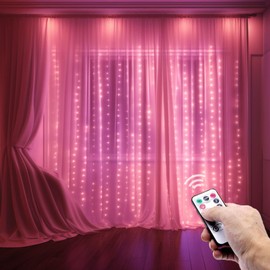 poripori 300 LED Pink Curtain String Lights, Twinkle Fairy Lights for Bedroom with 8 Lighting Modes, USB Christmas Lights for Party Home Bedroom Indoor Wall Room Decor (Pink)