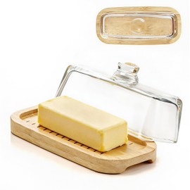 Glass Butter Dish with Lid & Bamboo Base, Butter Holder for Countertop & Refrigerator Door, Keeps Butter Soft, Covered Butter Dish Fits East & West Coast Butter, Ideal Housewarming Gift