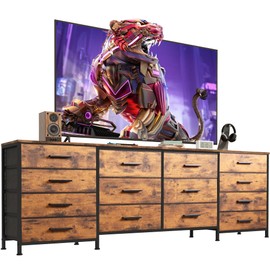 EKNKOZY TV Stand with 14 Drawers, Long Dresser for TV Up to 75 Inch, Wide Chest of Fabric Dresser for Bedroom, Entertainment Center TV Stand with Deep Drawers (63 inch, Rustic Brown)