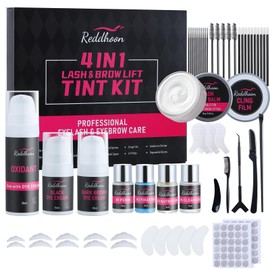 Reddhoon Upgraded 4 In 1 Lash Lift & Brow Lamination and Tint Kit, Lash Lift Kit & Brow Lamination Kit with Black Dark Brown Color, Quick Lifting & Voluminous Coloring with All Tools, For 6-8 Weeks