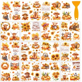 AHANDMAKER 12 Sheets Rub On Transfer Stickers with Scraper, Rustic Cow Stickers, Pumpkin and Sunflower Transfer Window Paper for Home Bookstore, Window Decoration, 5.5x5.5