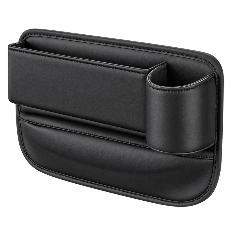 Car Seat Gap Organizer with Cup Holder – Black Leather-Style