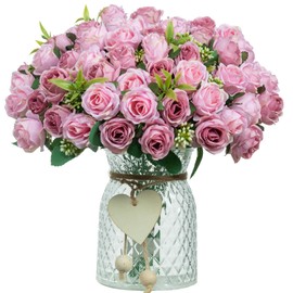 DuHouse 6 Pack Mini Rose Heads Artificial Flowers Bouquet Silk Roses Flowers Bunches Bulk for Wedding Home Garden Parties Decor(Dusty Pink)