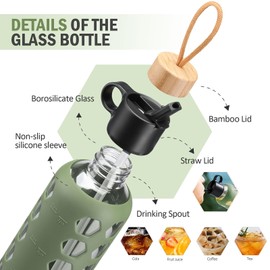 MUKOKO Glass Water Bottles, 24oz Glass Tumbler, Drinking Bottles with 2 Lids-Handle Flip Straw Lid&Bamboo Lid, Motivational Water Bottle with Time Marker and Silicone Sleeve, Leakproof-1 Pack-Olive