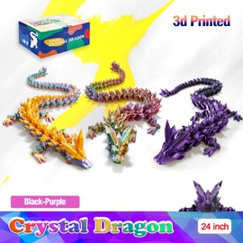 HyBaiS 3D Printed Dragon,Large 3D Dragon, Flexible Ariculated Dragon,3D Printed Crystal Dragon Toy,Creative and Fun Fidget Toy,Dragon Figurine Decor (Black-Purple, 24 inch)