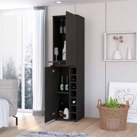 Maya Tall Bar Cabinet, Seven Wine Cubbies, Extendable Shelf, Double Door Cabinet