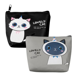 2pcs Cat Coin Purse with Zip Jogowa Cartoon PU Leather Portable Coin Wallet Cute Hand Pouch for Coins, Cards, Earphones, Keys (Plaid+Beige)