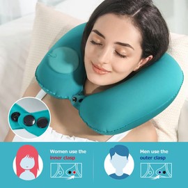 HINATAA Inflatable Travel Pillow, 2 Pieces Neck Pillow, Inflatable Neck Pillow, Aeroplane, Car U Shape Pillow, Office Neck Support Pillow with Pressing Inflation Pump/Bag/Eye Mask/Ear Plugs (Green)