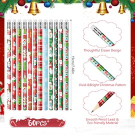 Tenare 60 Pcs Christmas Pencil with Eraser 12 Style Snowman Stocking Santa Claus Christmas Tree Reindeer Pencils Xmas Gift for Kid Student Xmas Stocking Fillers Stationery Party Favors (Classic)