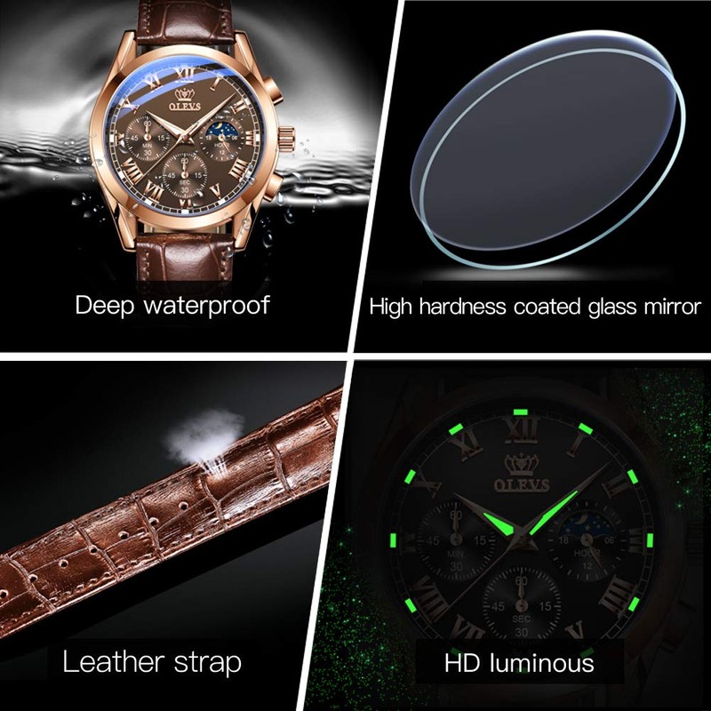 OLEVS Men Watch Leather Strap Moon Phase Casual Classic Analog