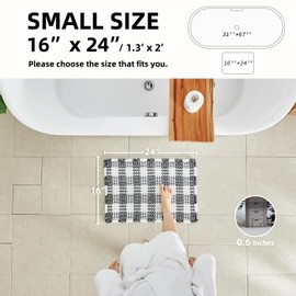 Waffle Bath Mat, Boho Bathroom Rugs Non Slip Washable Absorbent Checkered Bathroom Mat Quick Dry Farmhouse Bathroom Decor, 24"x16" Black and White