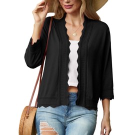 GRECERELLE Womens Summer Cardigan Knit Jumpers Shrugs Ladies Lightweight Soft Casual Scalloped Edges Cardigans for Dress Summer Evening Wedding (Black, L)