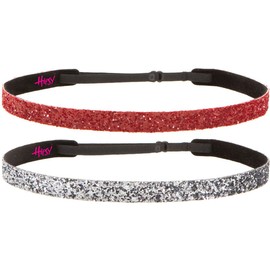 Hipsy Women's Adjustable NON SLIP Skinny Bling Glitter Headband Gunmetal Duo 2pk (Gunmetal & Ruby)