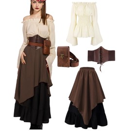 kasahara 5 Pieces Medieval Clothing Women's Set, Retro Off Shoulder Blouse Dress Renaissance Costume Victorian Clothing Maxi Dressm with Corset, Belt Bag, Belt, Carnival Fancy Dress Costume (Brown, M)