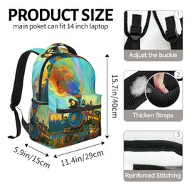 Colorful Steam Train Backpack for Teen Kids Boys School Laptop College Vibrant Locomotive Art Backpacks for Gifts Travel Hiking Work Camping, Polyester Lightweight Aesthetic Bookbag Back Pack