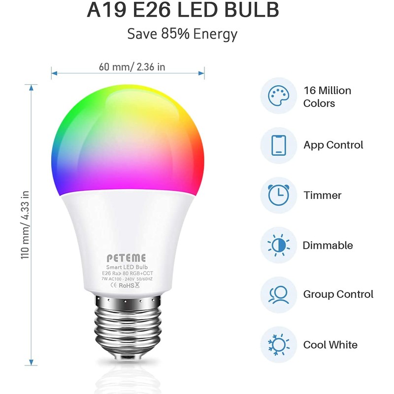 Peteme Smart WiFi Light Bulbs, Led RGB Color Changing Bulbs