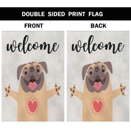 AOYEGO Funny Dog Welcome Burlap Garden Flag Double Sided Premium Fabric Greeting Cute Dog Sweet Pug Hug Outdoor Decoration Banner for Yard Lawn 12.5" x 18"