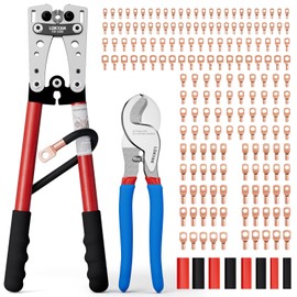 LOKYAN Battery Cable Lug Crimping Tool with 180pcs Copper Wire Lugs, Terminal Crimper for AWG 10-1/0 Electrical Lug,Heavy Duty Battery Cable Ends Crimper with Cable Cutter, 220pcs Heat Shrink Tubing
