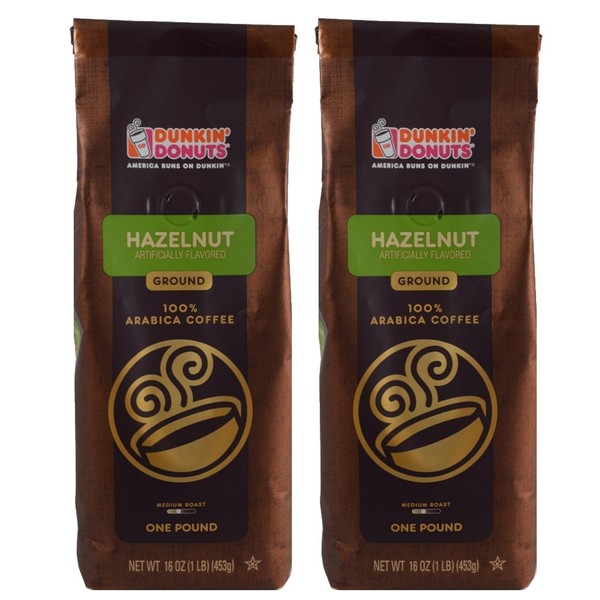 Dunkin' Donuts Ground Coffee 1 LB. Bag Multi Pack (Hazelnut, Two Pack)