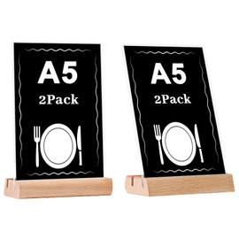 EACHPT A6 Table Stand, Acrylic Table Stand with Wooden Base, Beech, Pack of 2, A6 Portrait Format, Dual Card Slot, Stand Sign, A6 Display Stand for Companies, Offices, Menu Card Holder