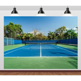 CORFOTO 7x5ft Empty Tennis Court Backdrop Blue and Green Sport Field Modern Tennis Court Stadium Background for Sport Game Active Outdoor Party Decorations Adults Athletes Photo Studio Props