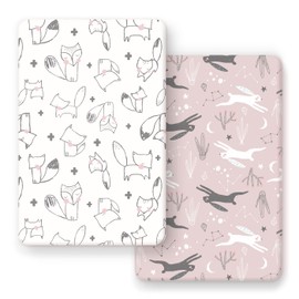 GRSSDER Stretchy Ultra Soft Jersey Knit Pack n Play Sheets Set 2 Pack, Portable/Mini Cribs Playard Sheets, Cute Foxes and Rabbits for Baby Girls and Boys Light Pink