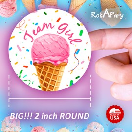 40 Team Boy Team Girl Gender Reveal Stickers, Whats The Scoop Theme 2 Inch Big Round Glossy Labels, Ice Cream Decals, Great for Baby Shower Party Favors, Tags, Games and Supplies. Made in USA
