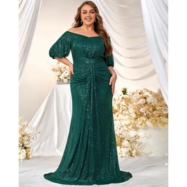 Women's Plus Size Off Shoulder Puff Sleeve Sequin Formal Maxi Dress Evening Party Gowns Green