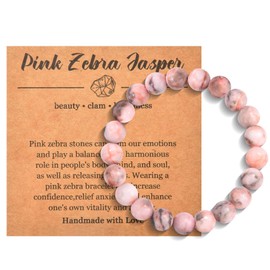 CERSLIMO Natural Bead Bracelet for Women Men - Healing Bracelets Stretch Link Bracelets with Beautiful 8mm Crystal Bracelet for Birthday Christmas Anxiety Bracelet Crystal Gifts, Pink Zebra