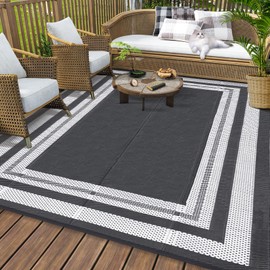 GAOMON 9x12 Outdoor Rug for Patios Waterproof Plastic Straw Rug Reversible Mat Modern Bordered Lightweight Carpet for Patio Porch RV Backyard Pool Deck Picnic Beach Trailer Camping Border-Grey/White