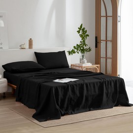 EVERLY Linen Sheets Set Queen Size,100% French Stonewash Pure Linen Sheets Set,4Pieces (1Flat Sheet,1Fitted Sheet,2Pillowcase) Suitable for Hot Sleepers,Deep Pocket Natural Bedding Set-Black