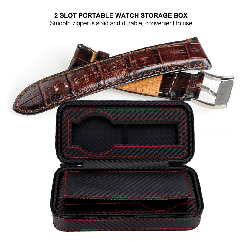 Portable 2Slots Carbon Fiber Leather Watch Storage Box Case Wristwatch