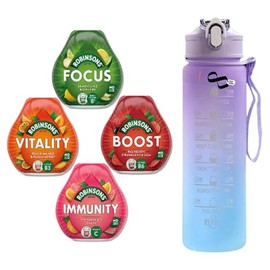 Travel mini squash concentrate No Added Sugar Flavouring Water Drops Bundle With Robinsons Squash Mini Boost Vitality Focus & Immunity fruit drink (4 Packs) & Infinite Emblems Water Bottle
