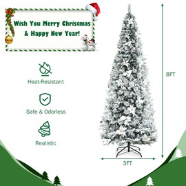 COSTWAY 8ft Snow Flocked Christmas Tree with Berries & Poinsettia Flowers