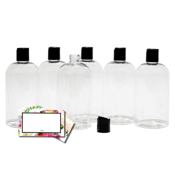 Baire Bottles 8 oz Empty Refillable Plastic Bottles with Squeeze Top, Hand-Press Lids - Hand Soap, Shower, Lotion, Homeopathy, Travel, 6 Pack PET, BPA Free USA (Clear, Black Disc, Floral Labels)